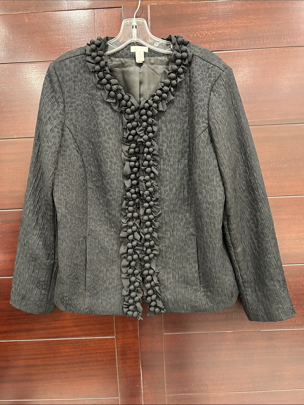 Chico's Black Textured Jacket with Rosette Trim